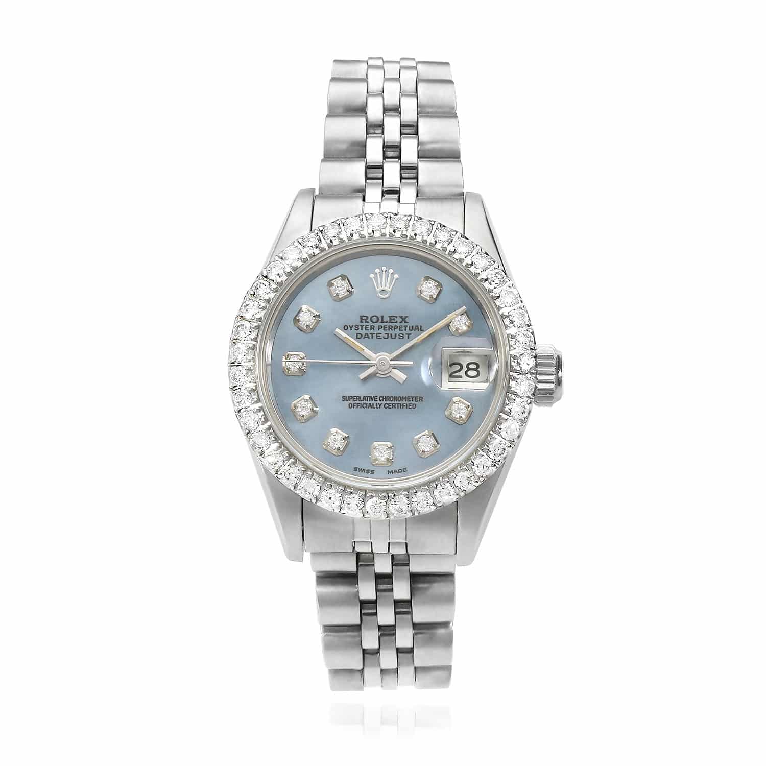 Rolex Datejust Custom Blue 69173 MOP Diamond Dial Bezel Jubilee Band 26mm Watch