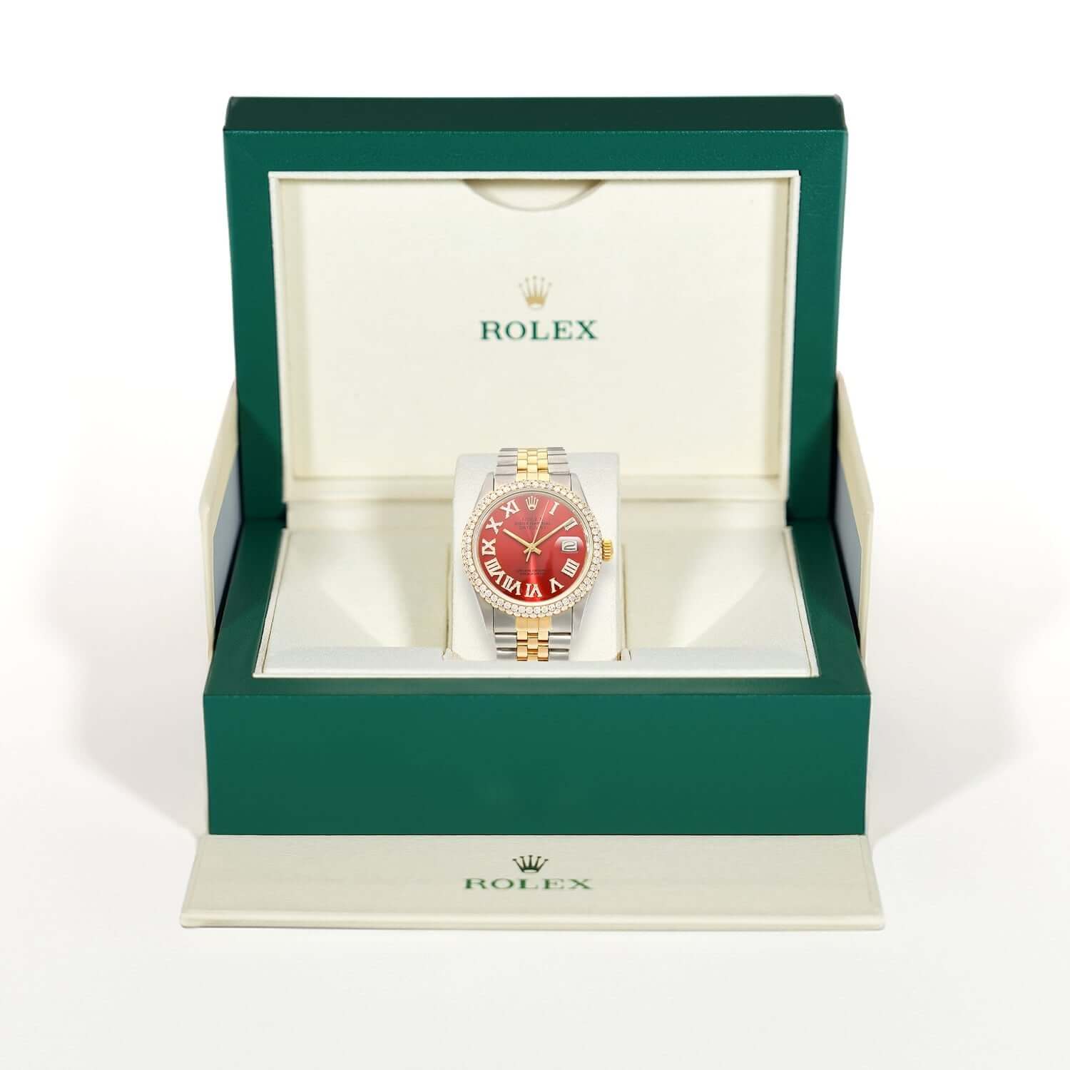 Rolex Datejust Jubilee Band Custom Diamond Bezel Ruby Red Dial 36mm Watch - Image 6