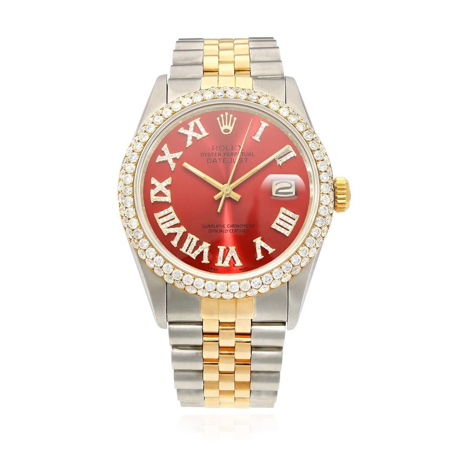 Rolex Datejust Jubilee Band Custom Diamond Bezel Ruby Red Dial 36mm Watch