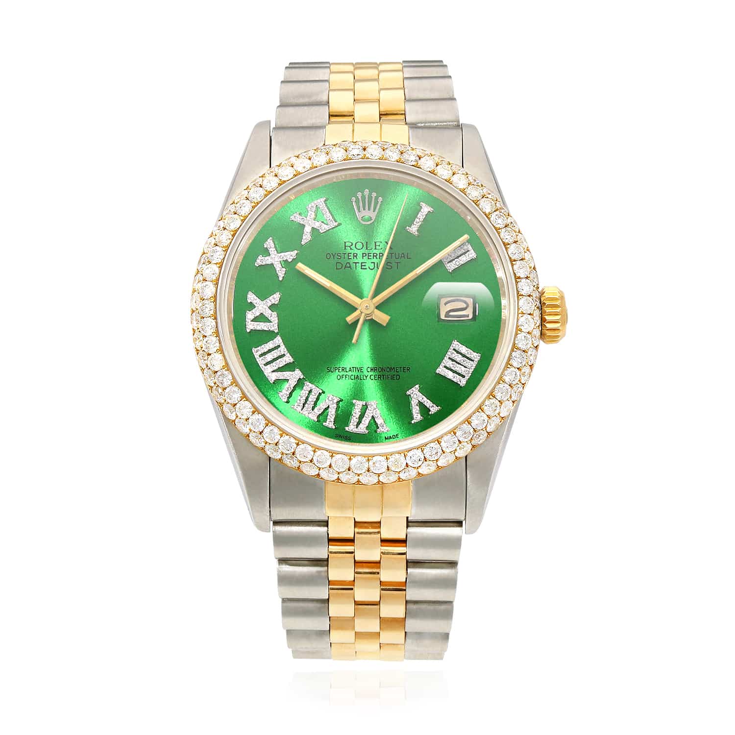 Rolex Datejust Jubilee Band Custom Diamond Bezel Green Emerald Dial 36mm Watch