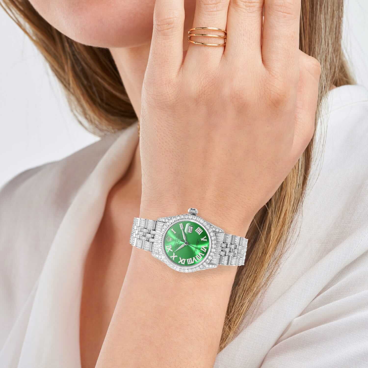 Rolex Datejust Diamond Jubilee Band Diamond Green Emerald Dial Bezel 36mm Watch - Image 4