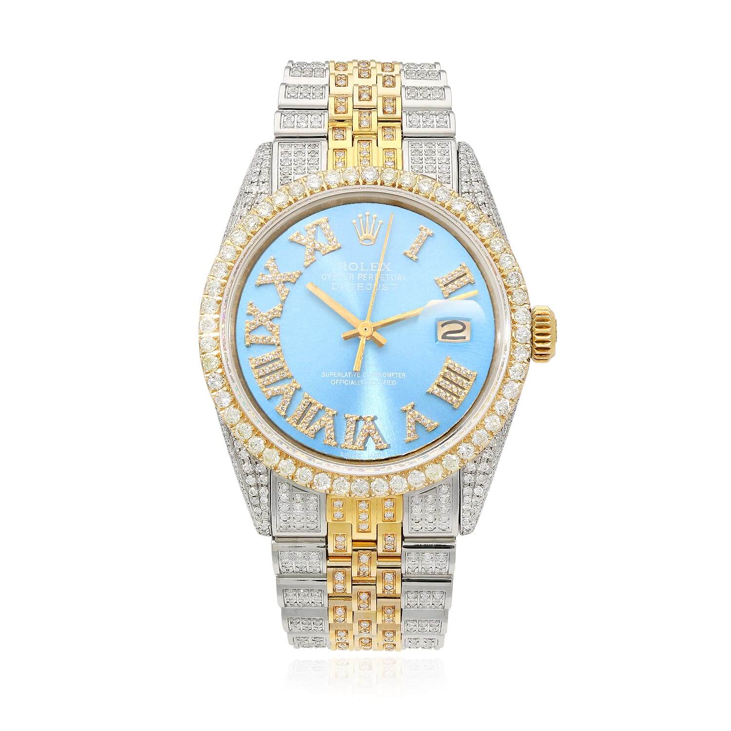 Rolex Datejust Custom Iced Sky Blue Roman Diamond Dial Jubilee Band 36mm Watch