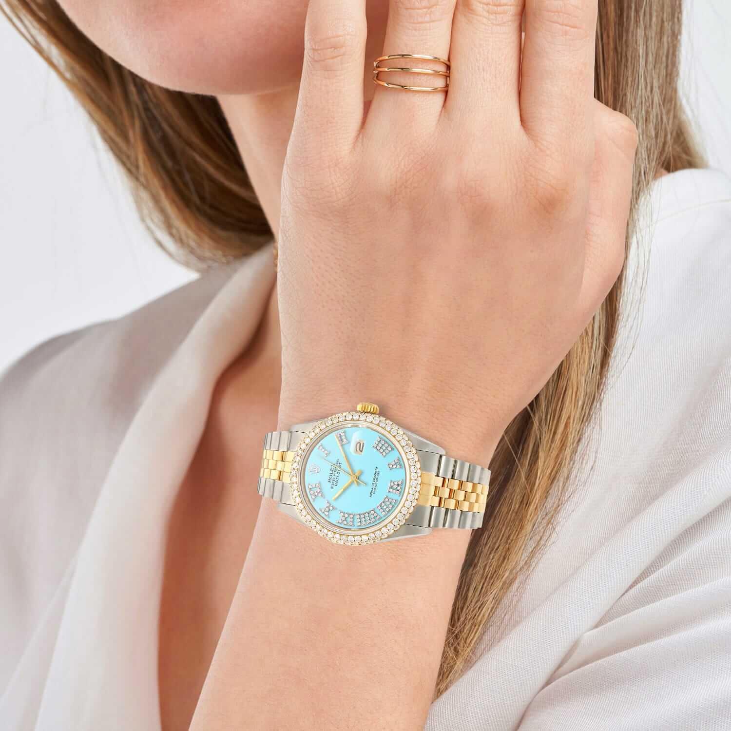 Rolex Datejust Jubilee Band Custom Diamond Bezel Turquoise Dial 36mm Watch - Image 4