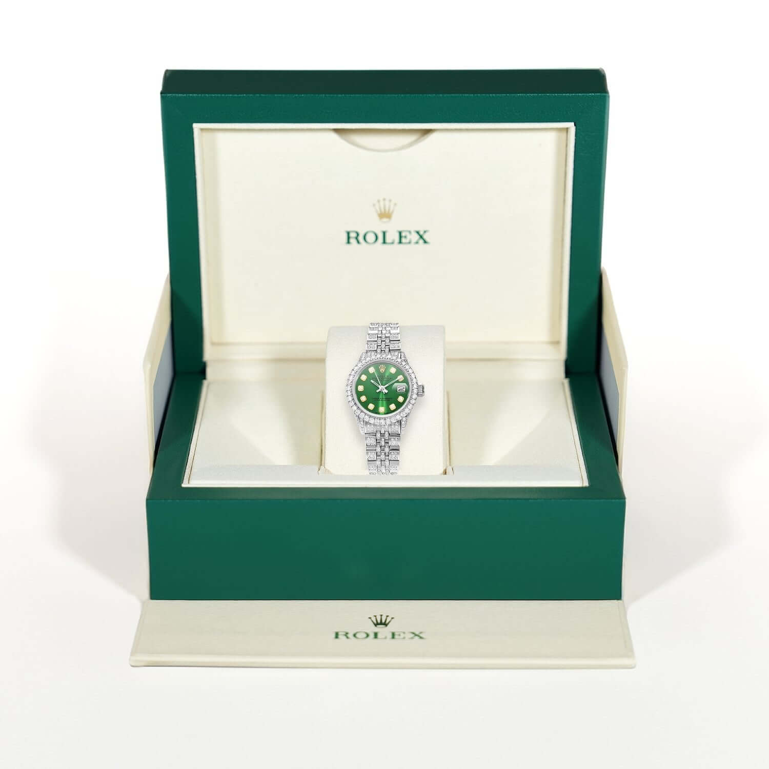 Rolex Datejust 26mm Pave Jubilee Band Diamond Bezel Green Emerald Dial Watch - Image 5