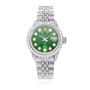 Rolex Datejust 26mm Pave Jubilee Band Diamond Bezel Green Emerald Dial Watch