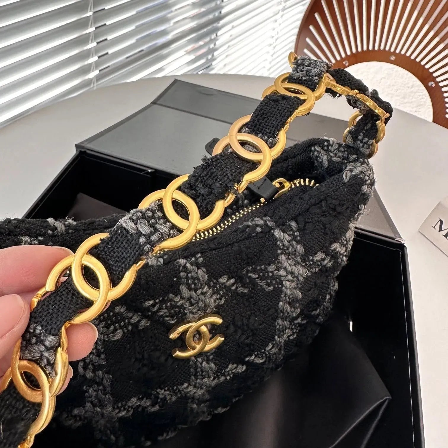 CHANEL Cashmere Tweed Quilted Hobo Black Grey - Image 6