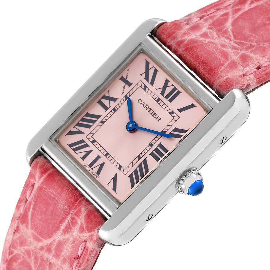 All the photos are of the actual watch for sale Cartier Tank Solo Pink Dial Pink Strap Steel Ladies Watch W5200000 - Image 3
