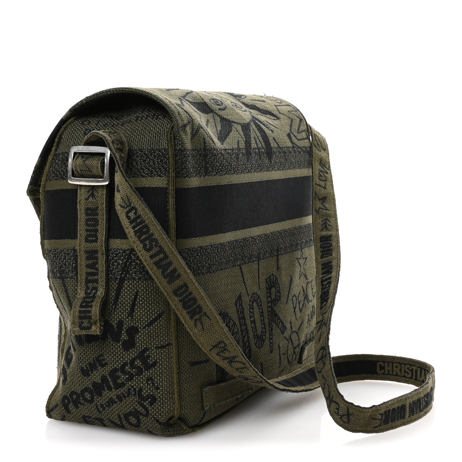 Canvas Embroidered Graffiti Diorcamp Messenger Green Black - Image 3
