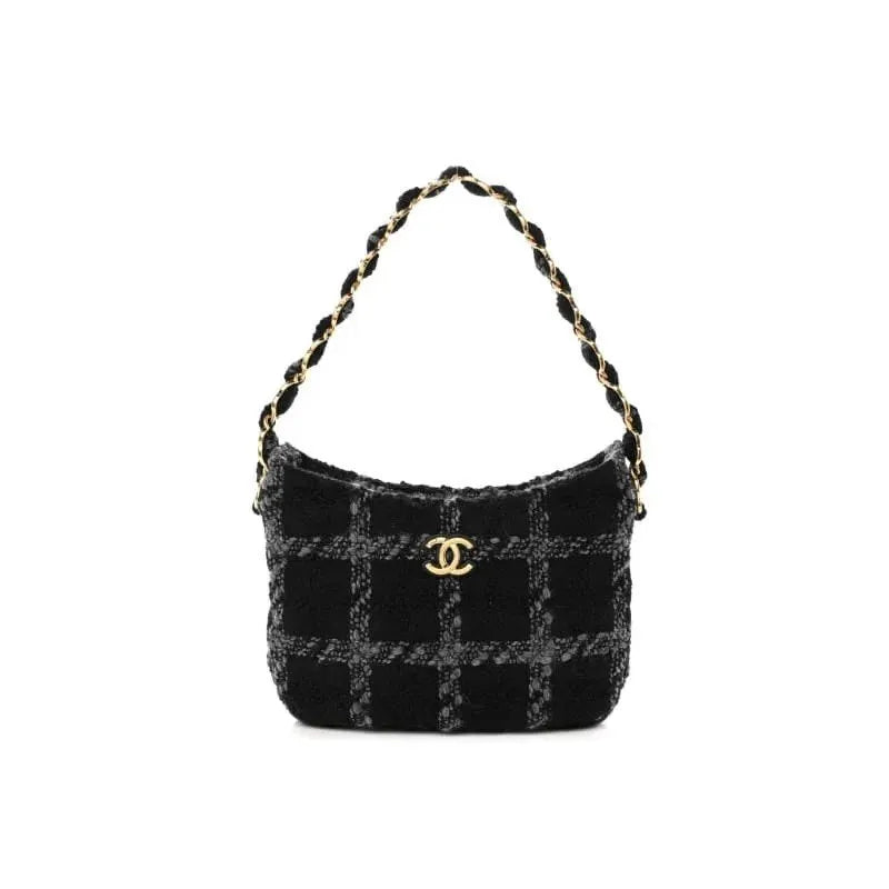 CHANEL Cashmere Tweed Quilted Hobo Black Grey