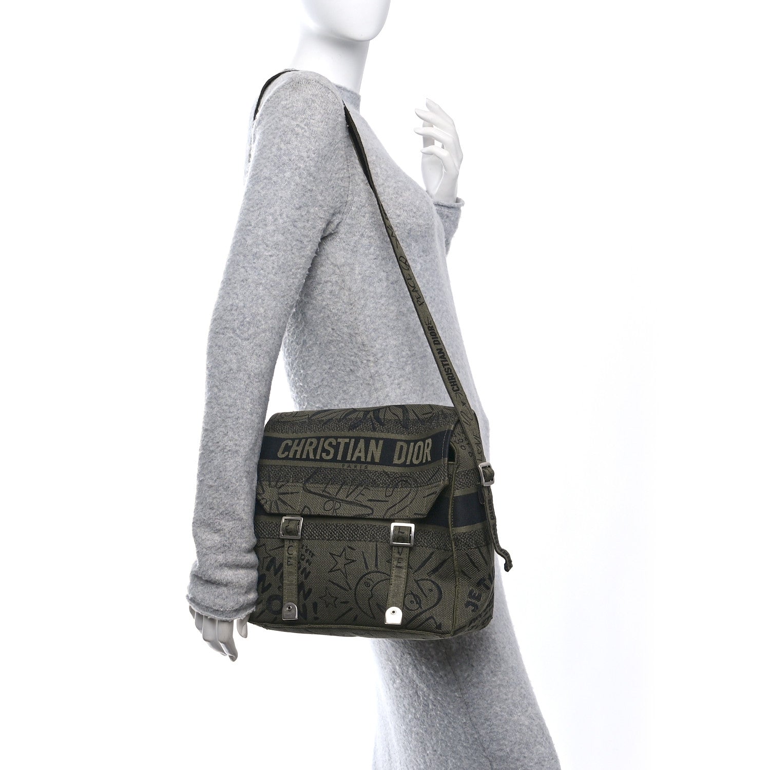 Canvas Embroidered Graffiti Diorcamp Messenger Green Black - Image 2