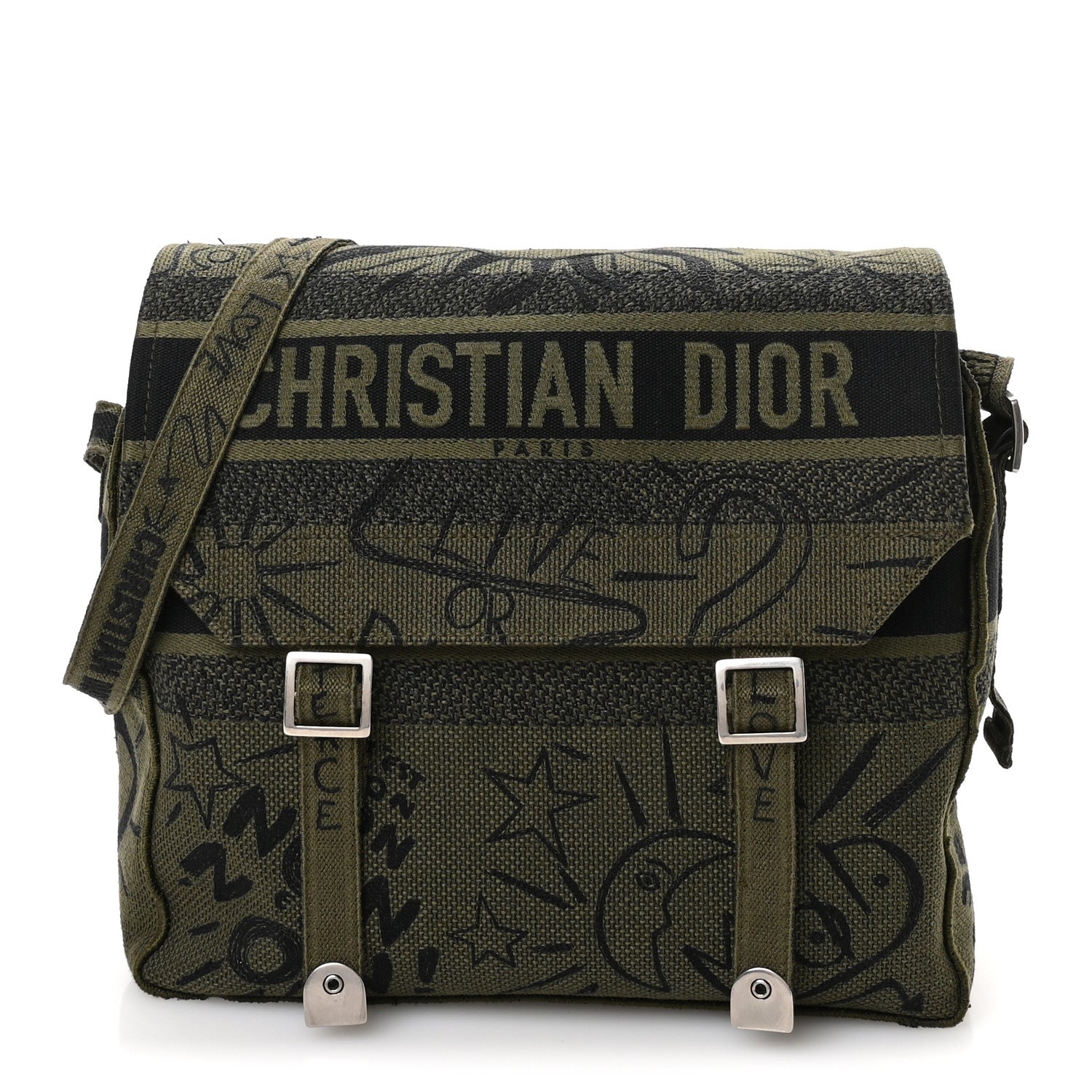 Canvas Embroidered Graffiti Diorcamp Messenger Green Black