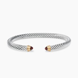 Classic Cable Bracelet Sterling Silver with 14K Yellow Gold and Garnets, 5mm