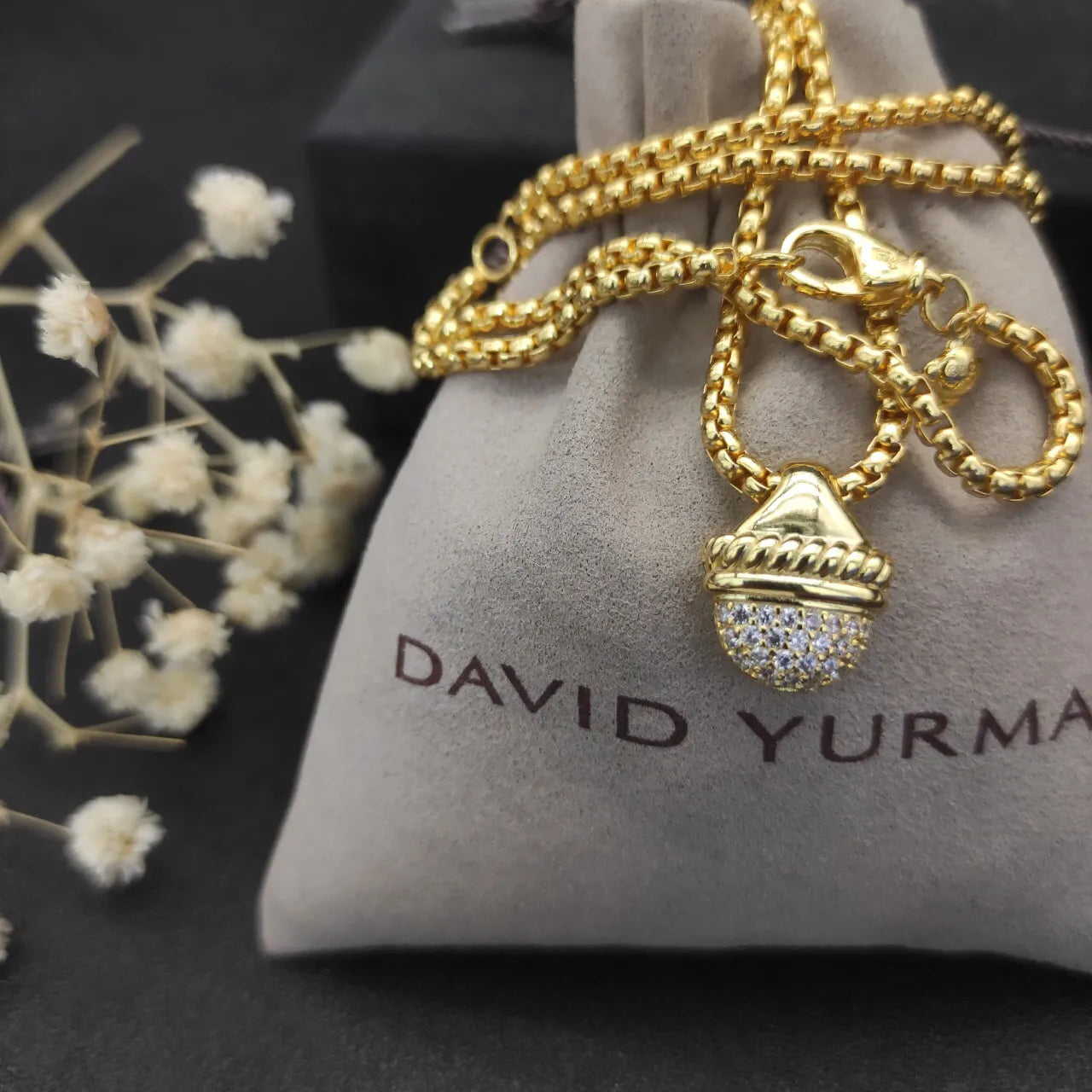David Yurman Acorn Pendant Necklace 18k Gold Diamond - Image 2
