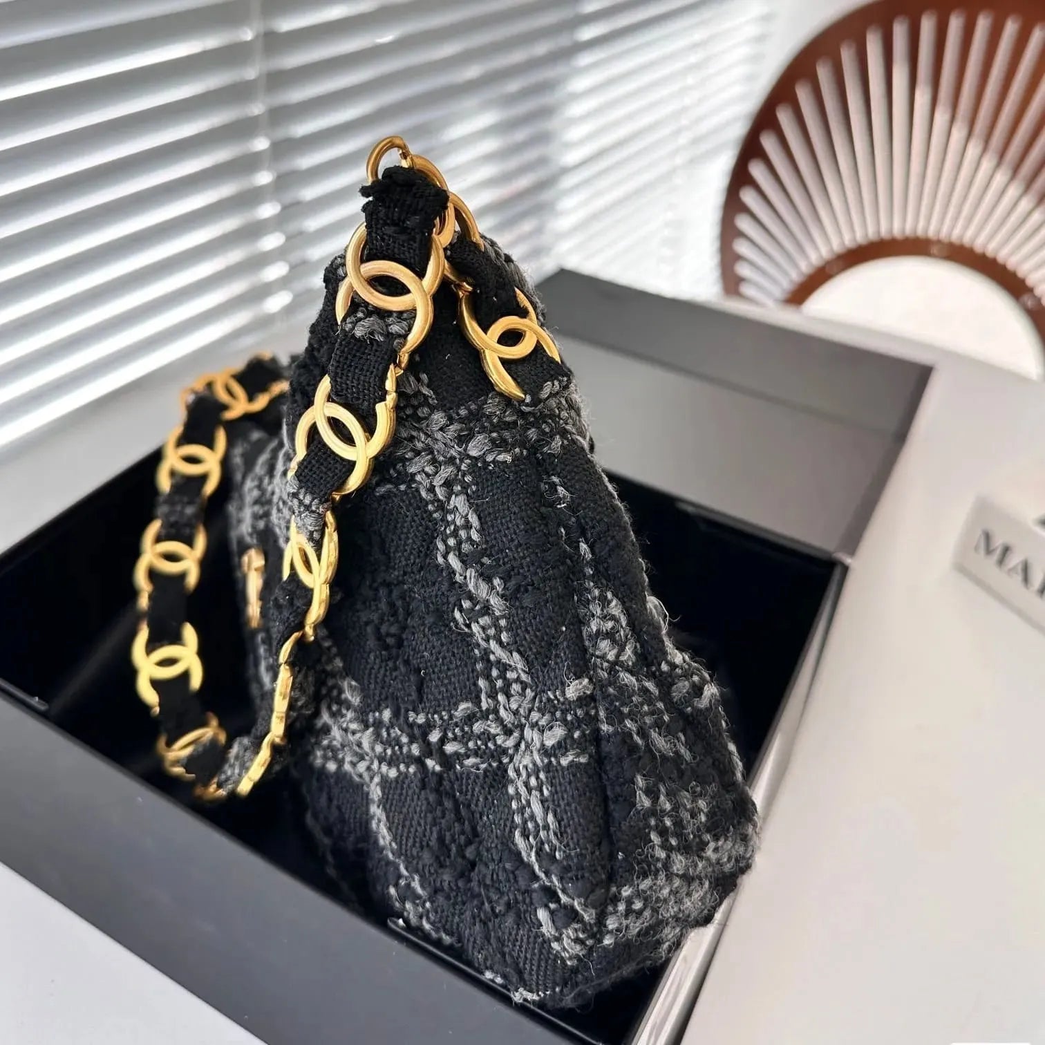 CHANEL Cashmere Tweed Quilted Hobo Black Grey - Image 4