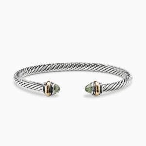 Classic Cable Bracelet Sterling Silver with 14K Yellow Gold and Prasiolite, 5mm