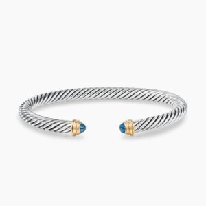Classic Cable Bracelet Sterling Silver with 14K Yellow Gold and Blue Topaz, 5mm