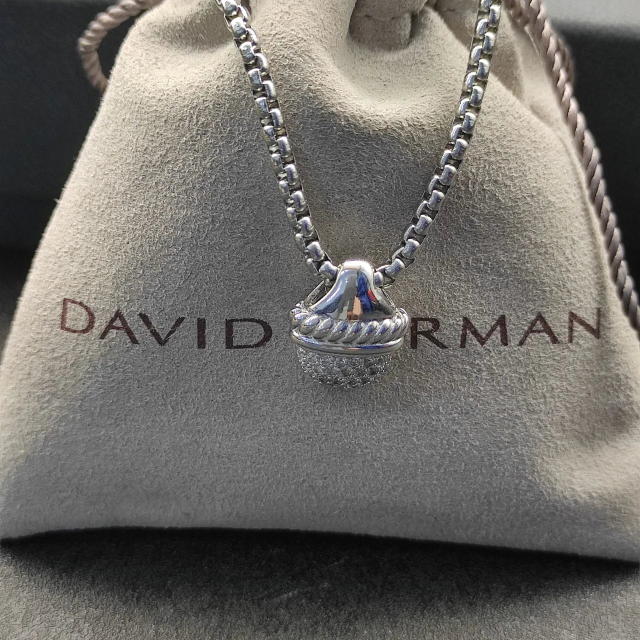 David Yurman Acorn Pendant Necklace Sterling Silver Diamond - Image 3