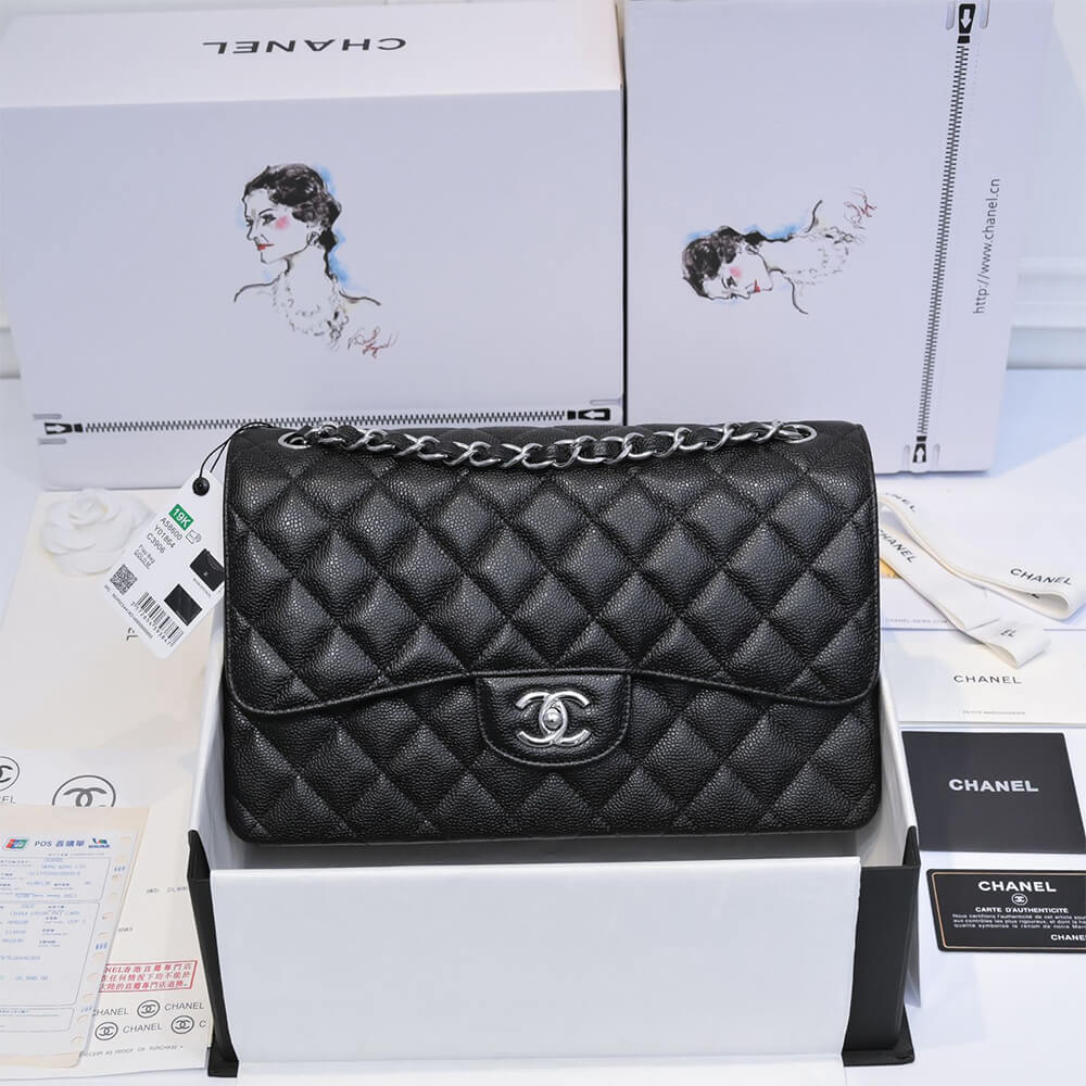 Chanel Large Classic Handbag Grained Calfskin & Silver Metal A58600 - Image 9