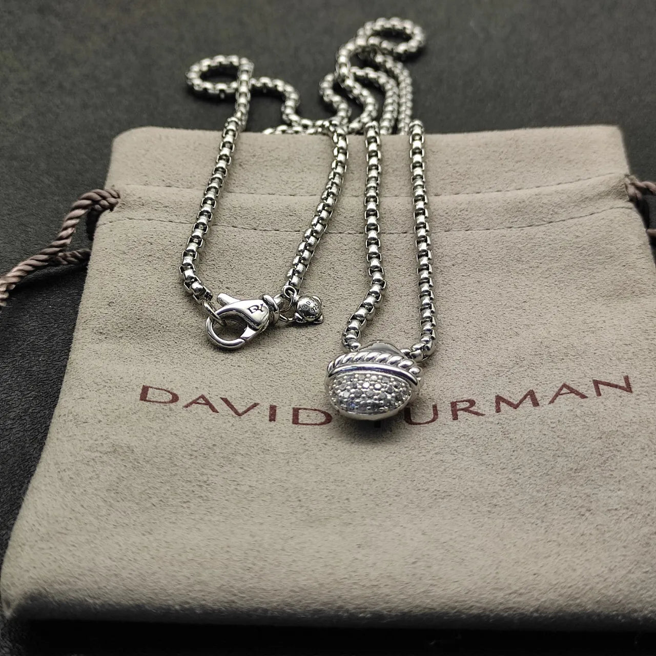 David Yurman Acorn Pendant Necklace Sterling Silver Diamond