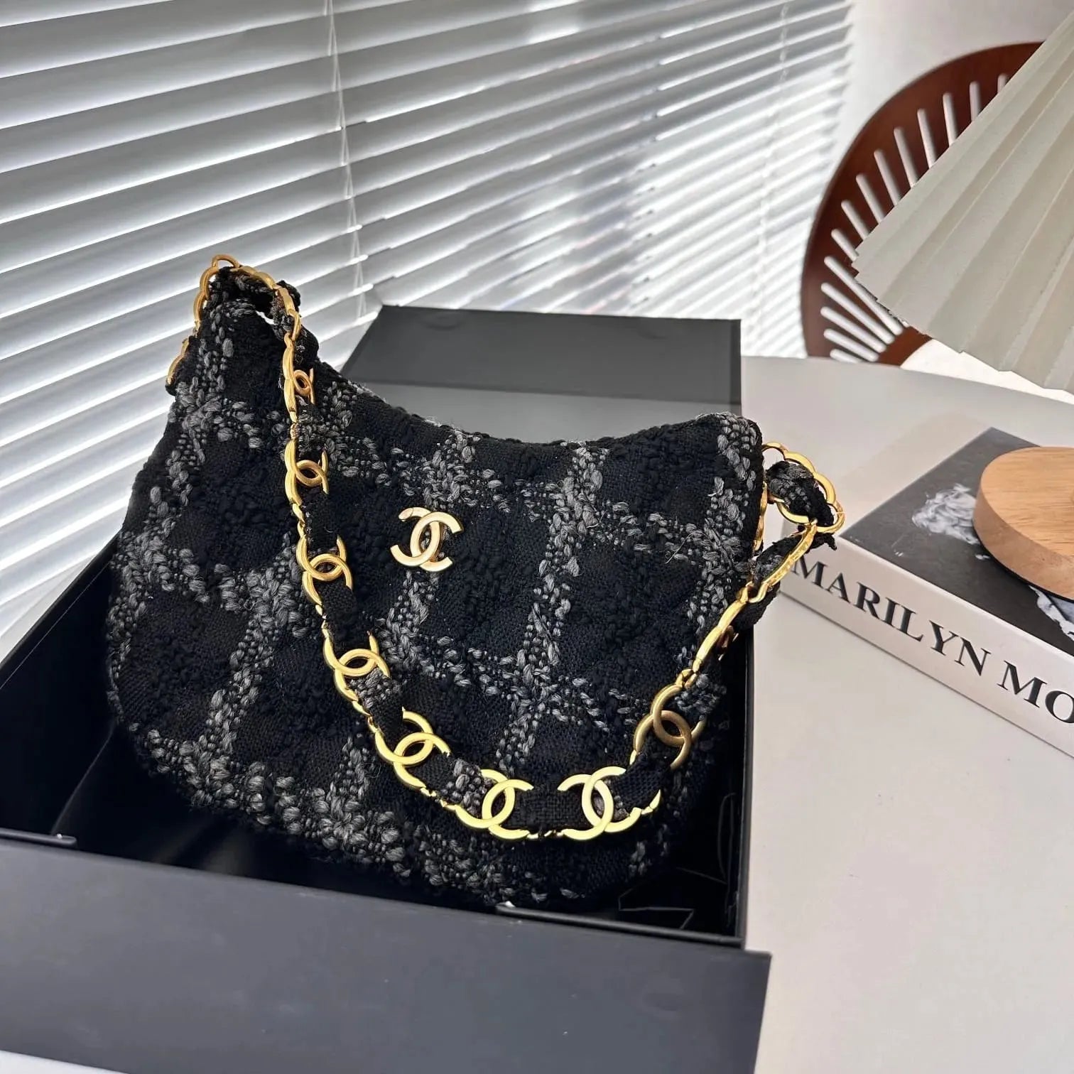 CHANEL Cashmere Tweed Quilted Hobo Black Grey - Image 3