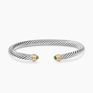 Classic Cable Bracelet Sterling Silver with 14K Yellow Gold and Peridot, 5mm