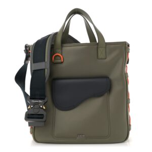 X SACAI Grained Calfskin Technical Fabric Saddle Tote Olive Navy Blue