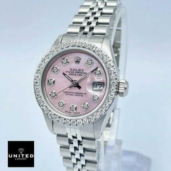 Rolex Datejust 126234 "Diamond Bezel" Premium Clone datejust pink diamond replica 1 Rolex Datejust Pink Diamond Dial Jubilee Replica on the white stand