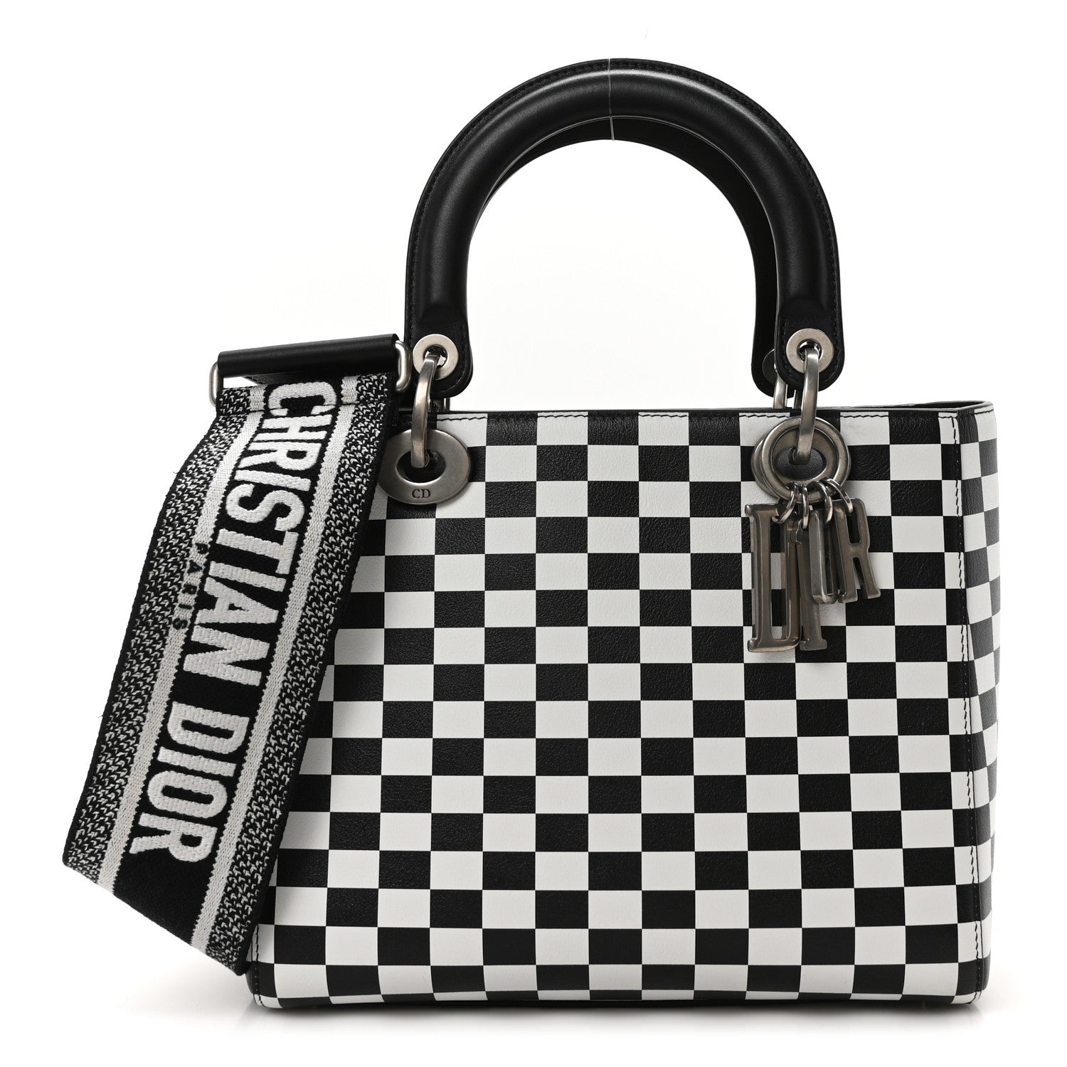 Calfskin Checkered Medium Lady Dior Black White