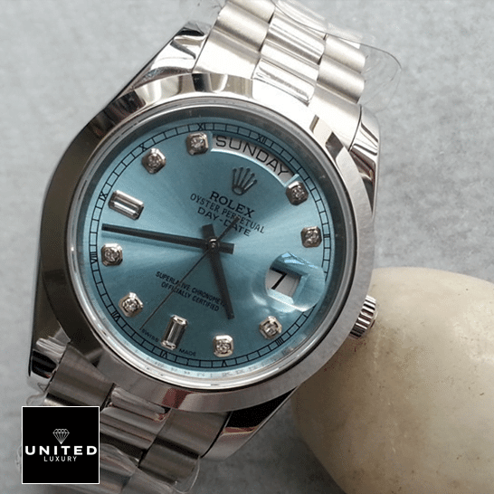 Rolex Daytona 116506 "Ice Blue" Collector’s Clone 1:1 rolex day date 218206 0009 replica tiltedright Rolex Day-Date II 218206-0009 V6 Stainless Steel Ice Blue Dial Replica