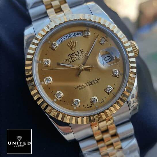 Rolex Day-Date 128238 "Yellow Gold" High-End Clone 1:1 rolex day date 38mm mop replica5 Rolex Day-Date 128238 MOP Replica Diamond Indices