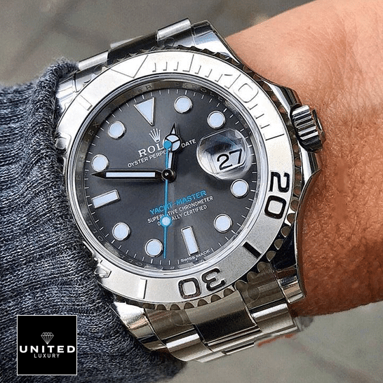 Rolex Yacht-Master 116622 Rhodium Supreme Replica Edition rolex yacht master 116622 0003 replica wrist Rolex Yacht Master 116622-0003 Replica grey dial on the wrist