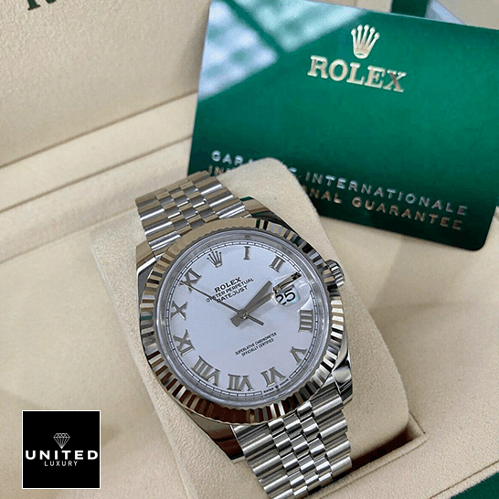 Rolex Datejust 126334 "Steel & White Gold" Perfect Super Clone Rolex Datejust Roman 126334 White Dial Replica in the rolex box and warranty card next to