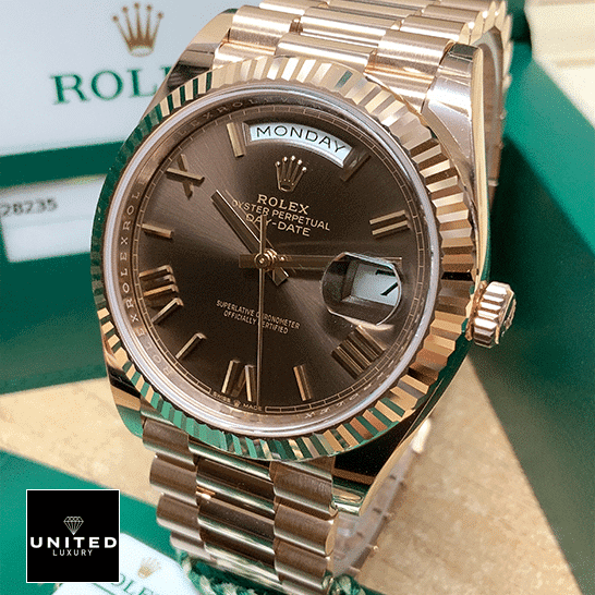 Rolex Day-Date 118139 "Chocolate Dial" Near Original Replica rolex day date 228235 aR stainless steel with rose gold chocolate roman Rolex Day-Date 40 228235-0002 Stainless Steel With Rose Gold Replica
