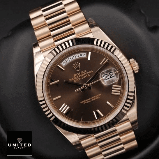 Rolex Day-Date 118139 "Chocolate Dial" Near Original Replica rolex day date 228235 aR stainless steel with rose gold chocolate roman Rolex Day-Date 40 228235-0002 AR Stainless Steel With Rose Gold Chocolate Roman Dial Replica