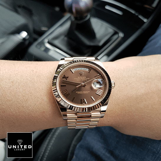 Rolex Day-Date 118139 "Chocolate Dial" Near Original Replica rolex day date 228235 aR stainless steel with rose gold chocolate roman Rolex Day-Date 40 228235-0002 Brown Dial with diamonds Replica on his arm