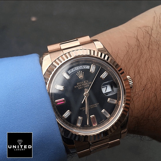 Rolex Day-Date II 218235 "Black Dial" Premium Replica 1:1 the rolex daydate with the diamond detail on his wrist