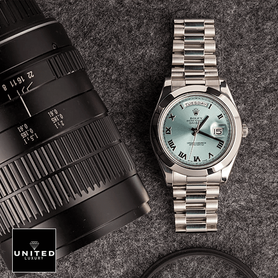 Rolex Day-Date II Stainless Steel Ice Blue Roman Dial 218206 Replica photo shoot
