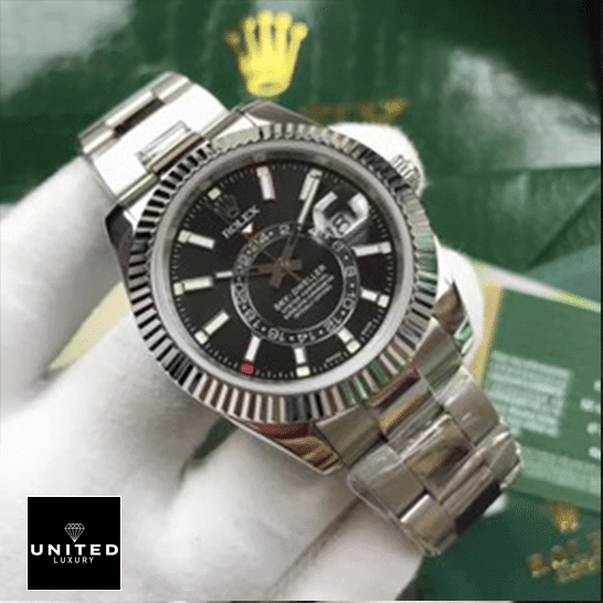 Rolex Sky-Dweller 326934 Black Dial Timepiece Ultra Fine Replica rolex sky dweller black dial 326934 oyster dial black Rolex Sky-Dweller Black Dial 326934 Oyster Replica on his hands