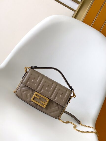 FENDI Baguette Mini Shoulder Bag – Textured Lambskin with FF Motif & Vintage Gold Hardware